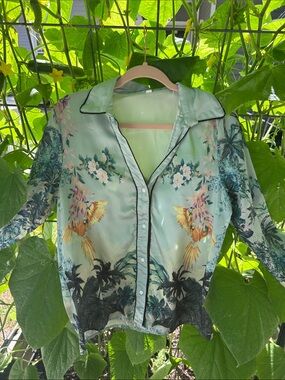 Silk-Look Floral & Parrot Button-Up Shirt - Seafoam Green